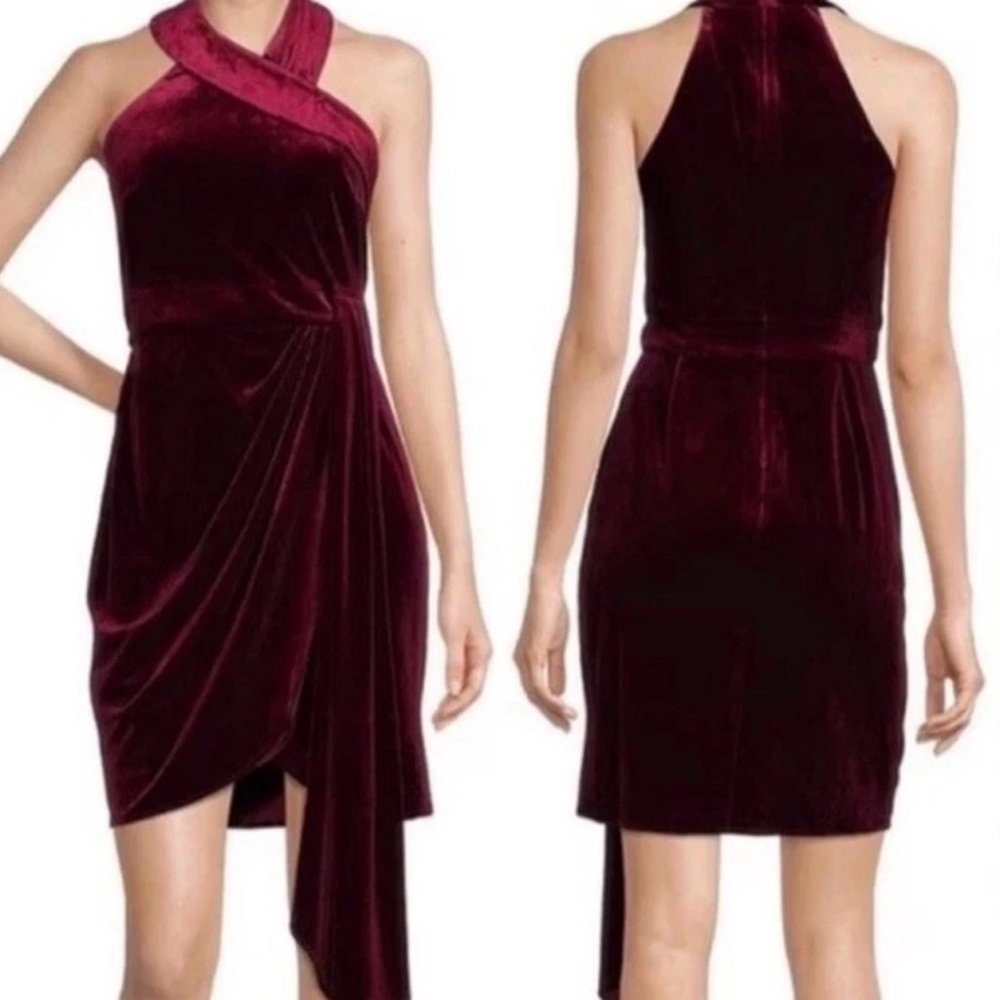 Badgley Mischka Asymmetrical Velvet Dress in Deep Burgundy